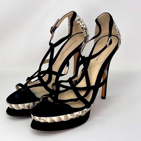 Alexandre Birman Shoes Heels Sandals Python Snakeskin Black Suede Leather 9.5 - Picture 1 of 14